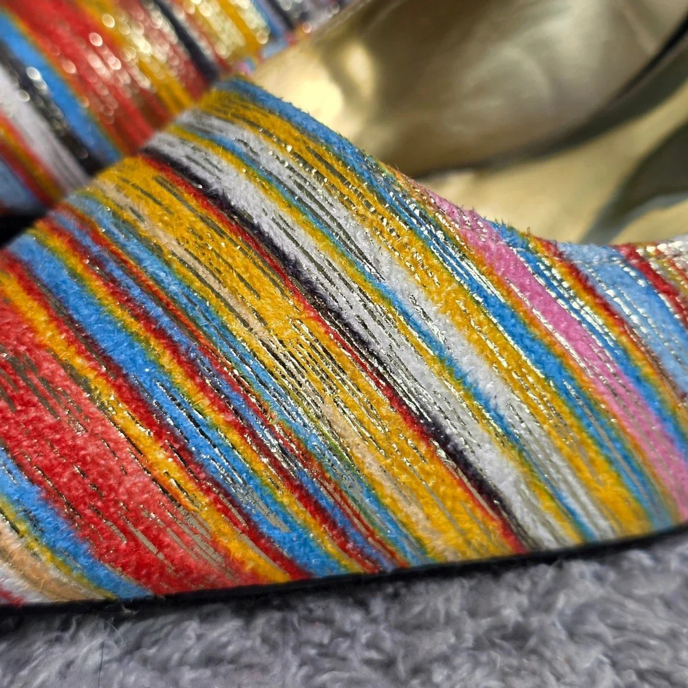 Torta‎ Caliente Pumps Gold Orange Teal Striped Pointed Toe Heels Womens 10M NEW